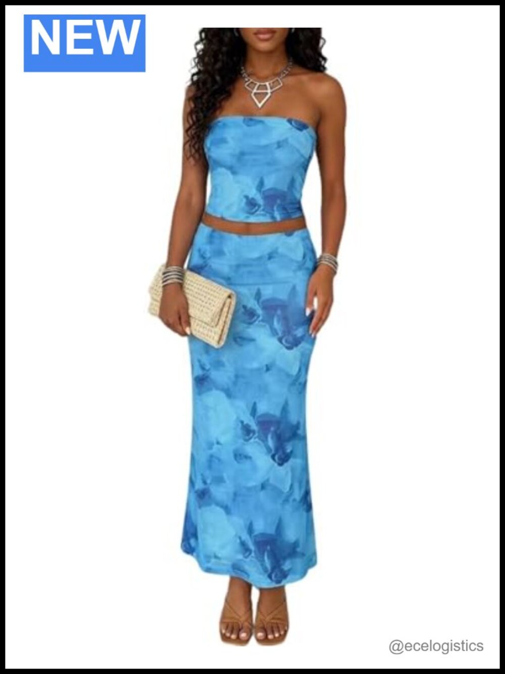 Women's 2 Piece Skirt Set Floral Tube Top Bodycon Maxi Skirt Y2K